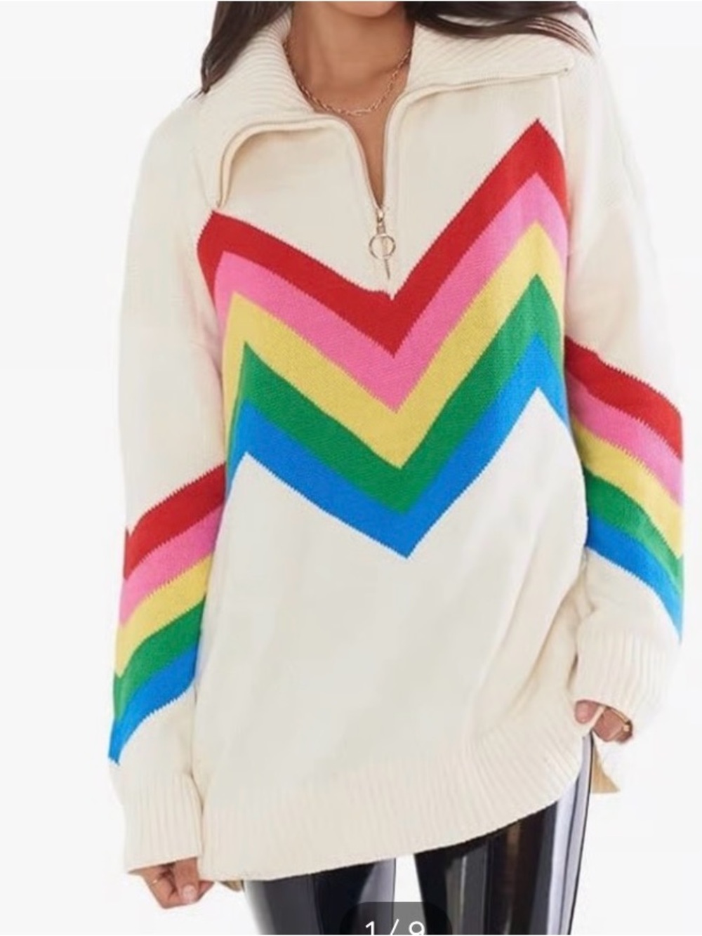 Show Me Your Mumu Weston Cream Rainbow Chevron Oversized Half-Zip Sweater XL